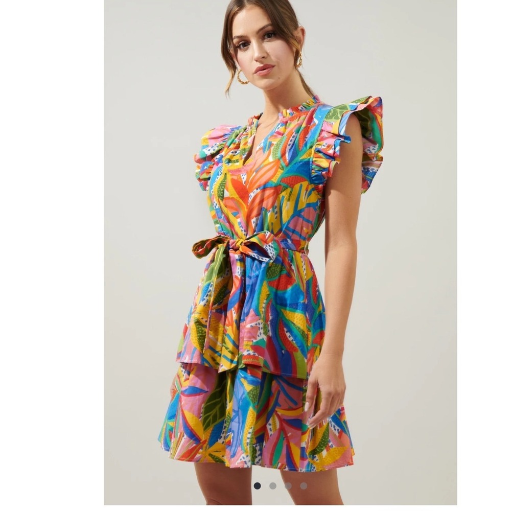 Sugarlips Abstract Tropical Mini Dress Women Medium Multi Color Ruffle Tiered